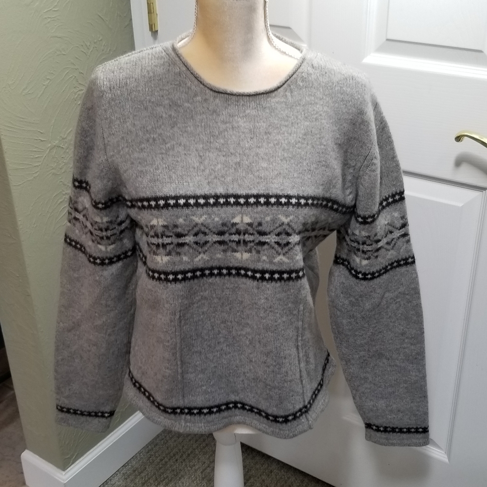 Eddie Bauer fitted lambswool sweater Lg gray black cream crew neck